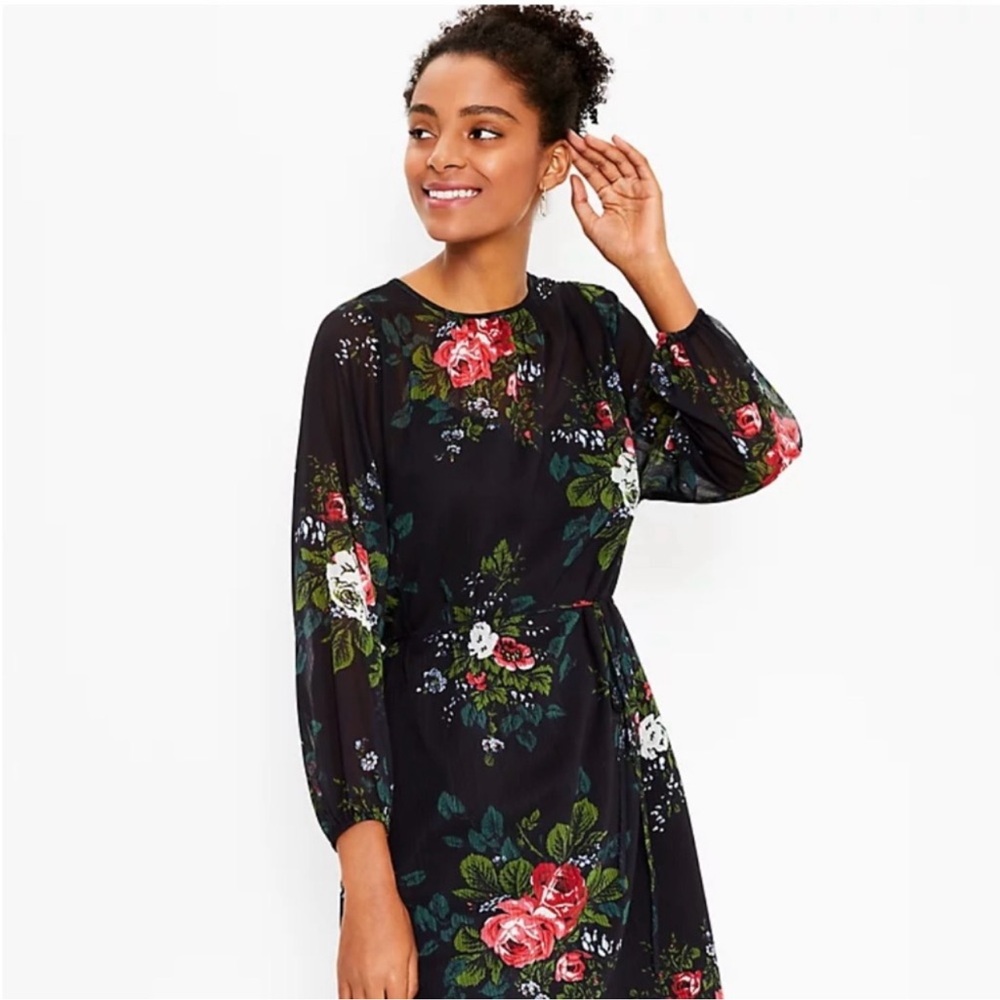 LOFT Navy Floral Long Sleeve Dress